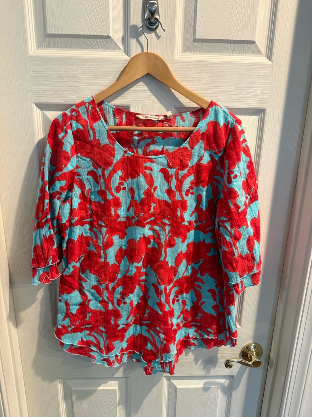 Soft Surroundings Red & Aqua Floral Cotton Tunic Top